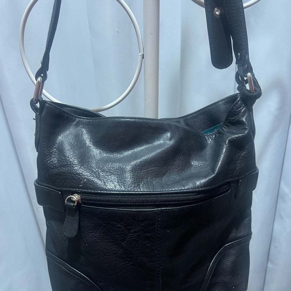 Stone & Co Black Pebbled Leather Crossbody Bag Silver Hardware Teal Lining - Picture 6 of 13